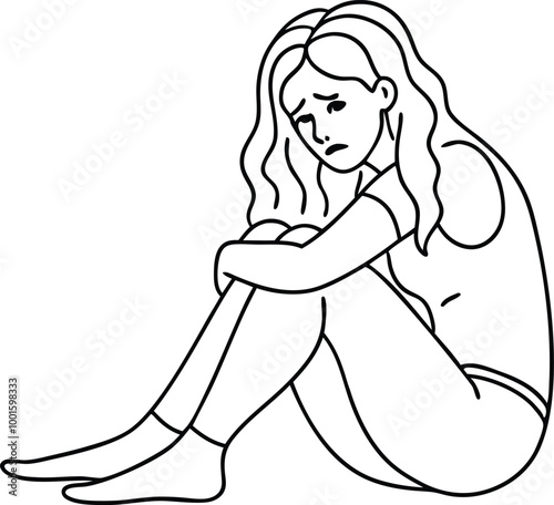 continuous single line of sad woman sitting and crying, crying woman sketch,  continuous line depressed woman, vector illustration