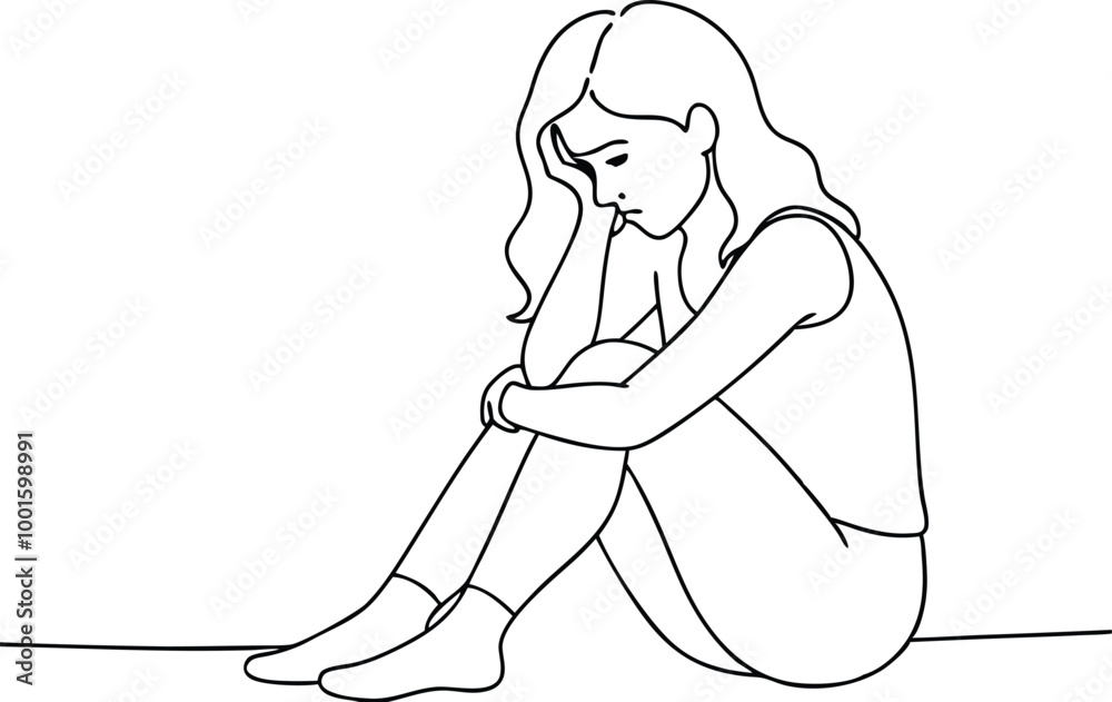 continuous single line of sad woman sitting and crying, crying woman sketch, continuous line depressed woman, vector illustration continuous single line of sad woman sitting and crying, crying woman sketch, continuous line depressed woman, vector illustration