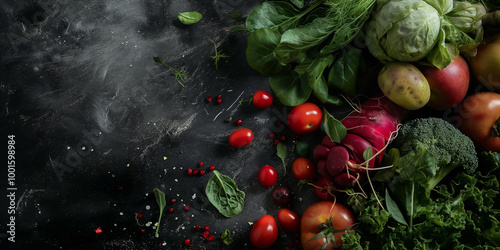 Fresh vegetables on stone, colorful organic food background. Concept: agriculture, farmers market, restaurant website or menu, grocery store, healthy vegan diet based on vegetables and fruits photo