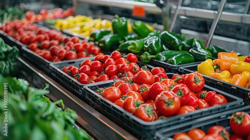 Fresh tomatoes and peppers on display in market