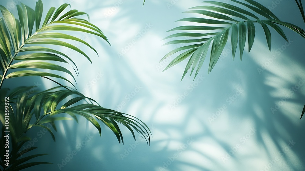 Blurred shadow from palm leaves on the light blue wall Minimal abstract background for product presentation Spring and summer : Generative AI Blurred shadow from palm leaves on the light blue wall Minimal abstract background for product presentation Spring and summer : Generative AI