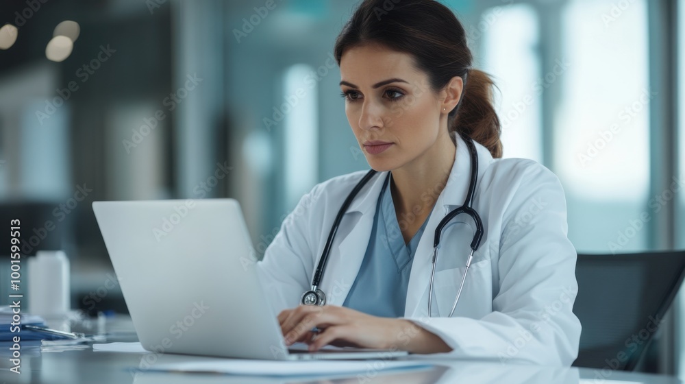 Serious female doctor using laptop and writing notes in medical journal sitting at desk. Young woman professional medic physician wearing white coat and stethoscope working on computer at workplace. Serious female doctor using laptop and writing notes in medical journal sitting at desk. Young woman professional medic physician wearing white coat and stethoscope working on computer at workplace.