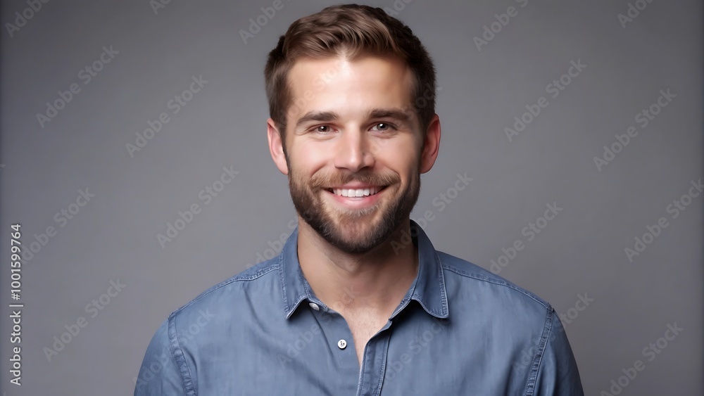 A portrait of a young man smiling warmly against a neutral gray background A portrait of a young man smiling warmly against a neutral gray background