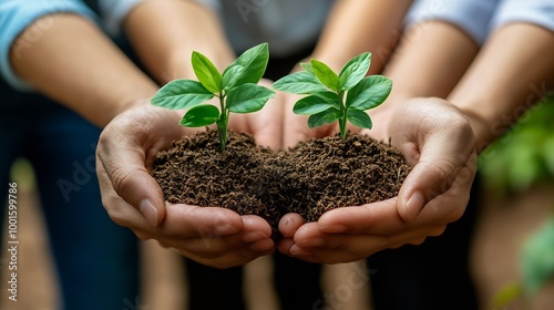 Plant sustainability and environment with hands of business people for teamwork earth and support Collaboration growth and diversity with employees and soil for future partnership or c : Generative AI