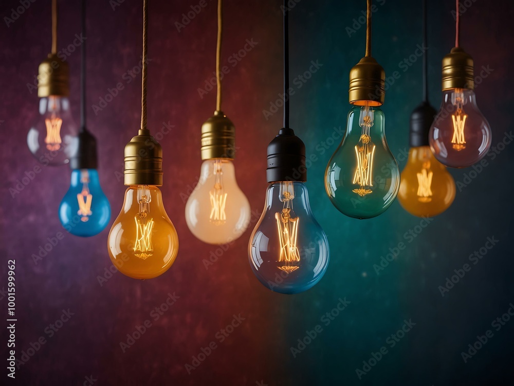 Hanging light bulbs with colorful backgrounds, symbolizing creativity. Hanging light bulbs with colorful backgrounds, symbolizing creativity.