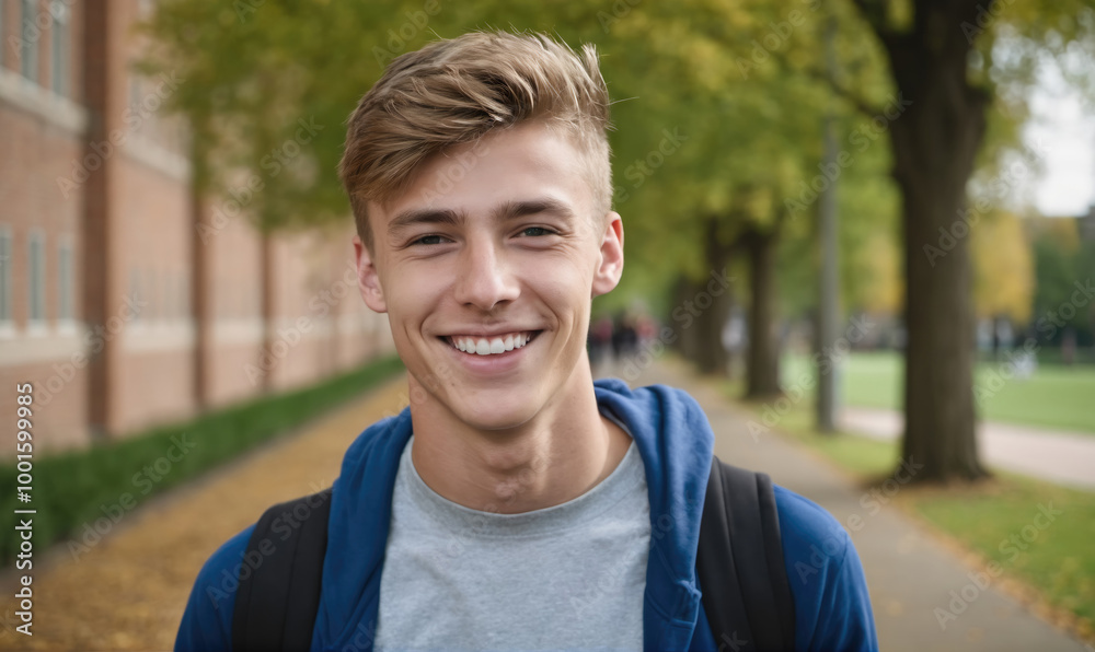 A young man smiles brightly while walking down a path on a college campus A young man smiles brightly while walking down a path on a college campus