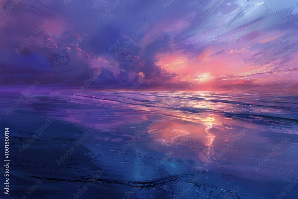A painting of a beach with a sunset in the background, generative ai image A painting of a beach with a sunset in the background, generative ai image