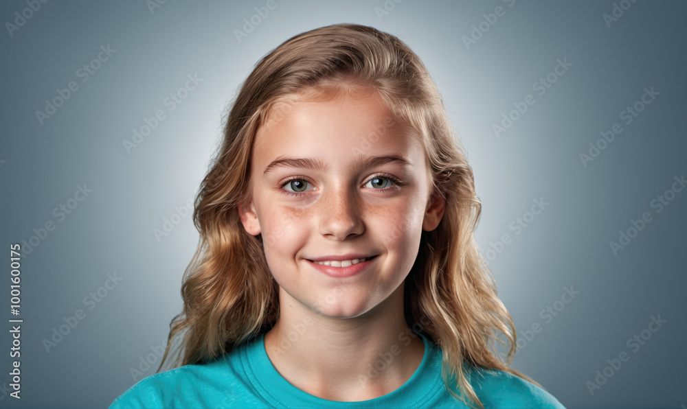 A young girl with long blonde hair smiles at the camera, wearing a blue shirt