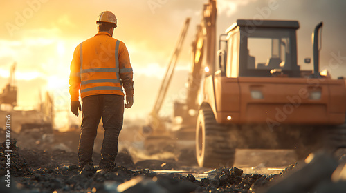 Construction worker observing machinery at sunset on a building site.