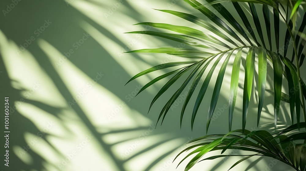Abstract green background with shadow of palm leaves for the presentation of a cosmetic product A scene with a geometric backdrop Podium for product promotion beauty natural eco cosmet : Generative AI