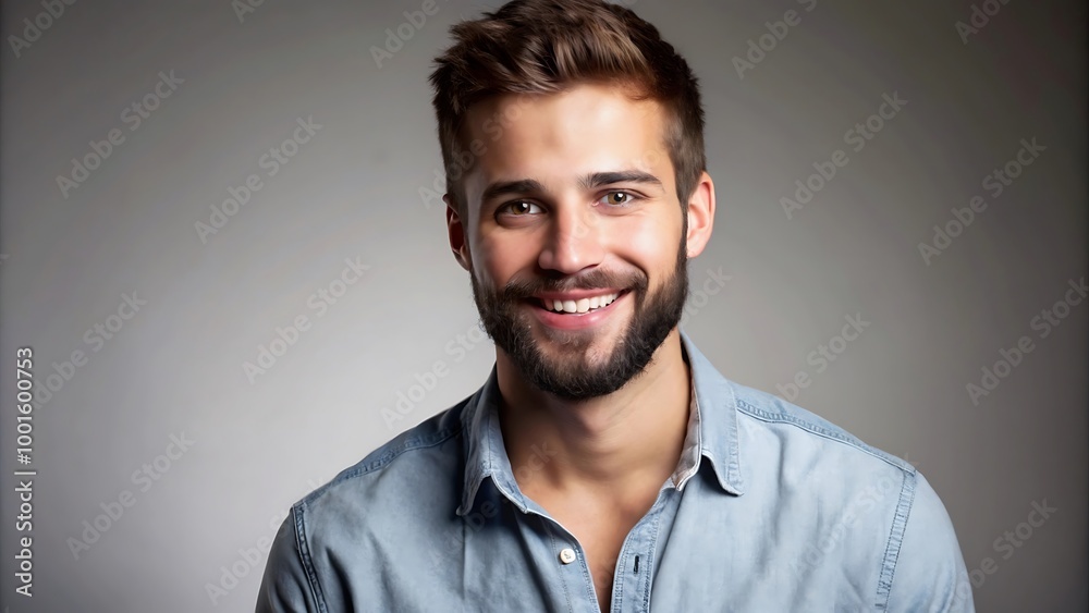 A portrait of a young man smiling warmly against a neutral gray background A portrait of a young man smiling warmly against a neutral gray background