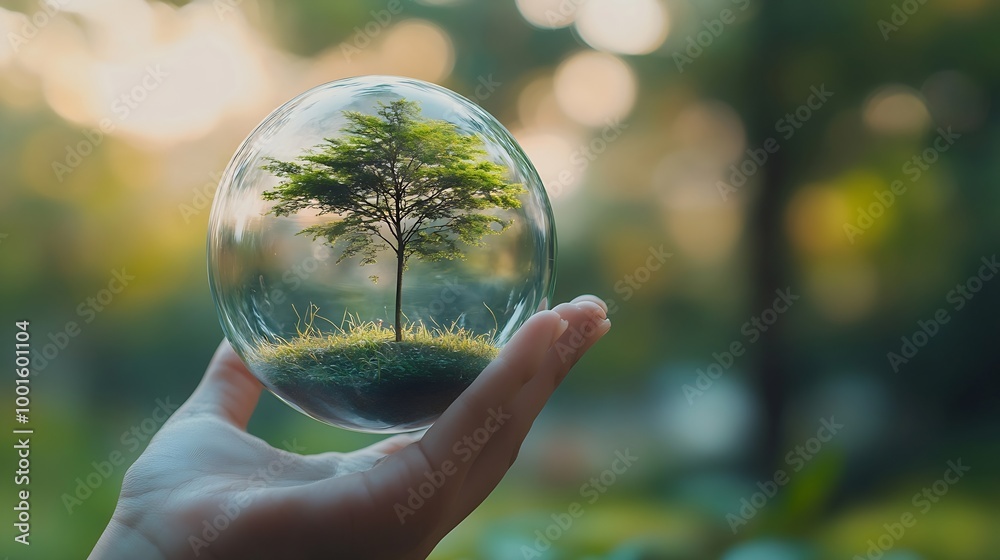 hand holding glass globe ball with tree growing and green nature blur background eco concept : Generative AI hand holding glass globe ball with tree growing and green nature blur background eco concept : Generative AI
