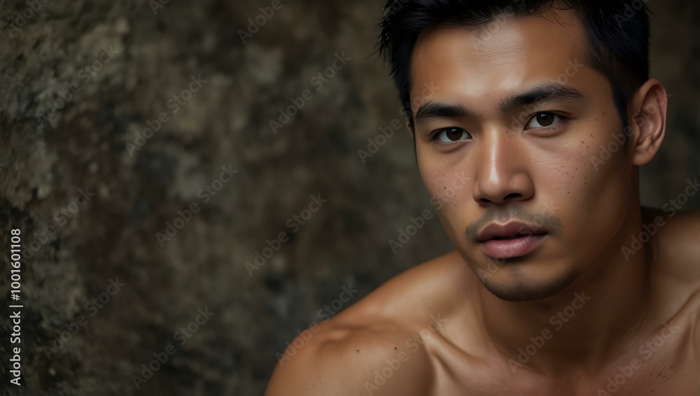 Headshot of an Asian male model shirtless against a textured wall.