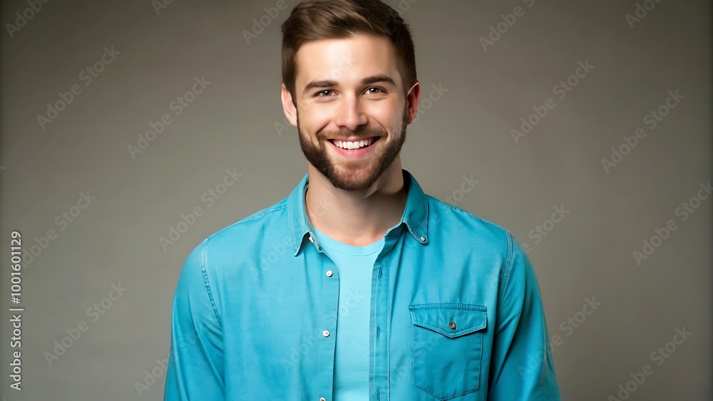 A portrait of a young man smiling warmly against a neutral gray background A portrait of a young man smiling warmly against a neutral gray background