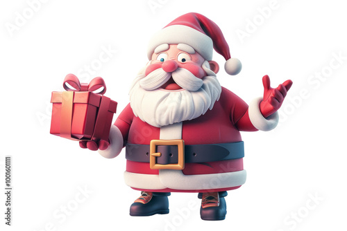 Funny Santa Claus holding a red gift box isolated on transparent background, for Christmas festive.