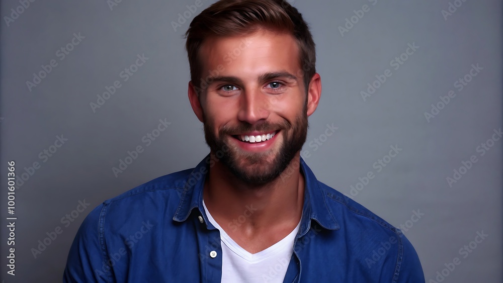 A portrait of a young man smiling warmly against a neutral gray background A portrait of a young man smiling warmly against a neutral gray background