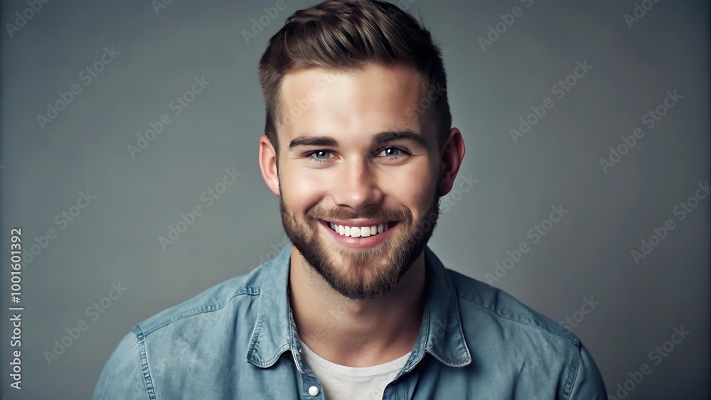 Obraz premium A portrait of a young man smiling warmly against a neutral gray background