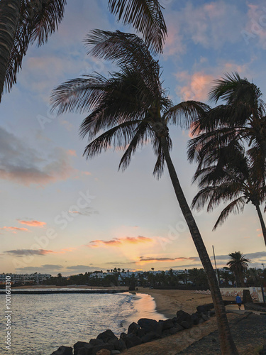 Obraz na plátně Sunset over the Atlantic Ocean in Costa Teguise, Lanzarote Spain with palm trees
