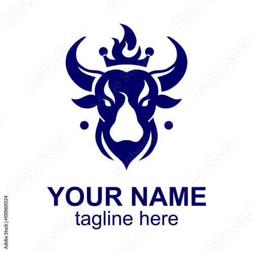 a blue and white logo with a head of a bull on it