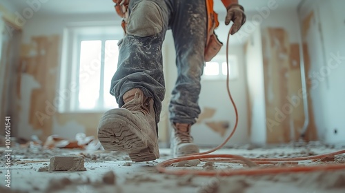 Close up of a construction worker stumbling with a cord in a house : Generative AI