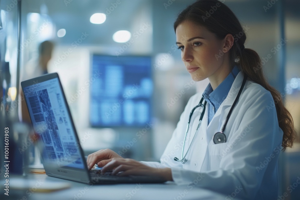 Serious female doctor using laptop and writing notes in medical journal sitting at desk. Young woman professional medic physician wearing white coat and stethoscope working on computer at workplace.