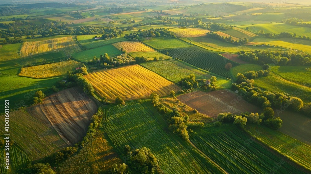Fototapeta premium Aerial view of sprawling agricultural landscape with neatly arranged fields. Farmland