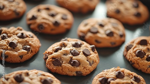 baking tray full of chocolate chip cookies fresh out of the oven with a close-up view of the delicious baked goods perfect for a sweet snack or homemade dessert