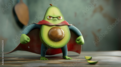 Vegetable superhero. 3D character of Avocado as a hero with super power, funny and cute. Concept: green superfood and vegetables for a healthy diet, restaurant and box diet design.