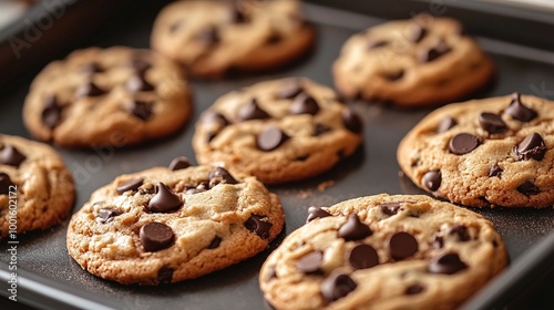 baking tray full of chocolate chip cookies fresh out of the oven with a close-up view of the delicious baked goods perfect for a sweet snack or homemade dessert