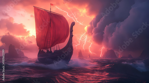 A viking longship with a red sail sails through rough seas with lightning striking in the distance under a dramatic sunset sky. generative ai. Viking Longship. Illustration photo