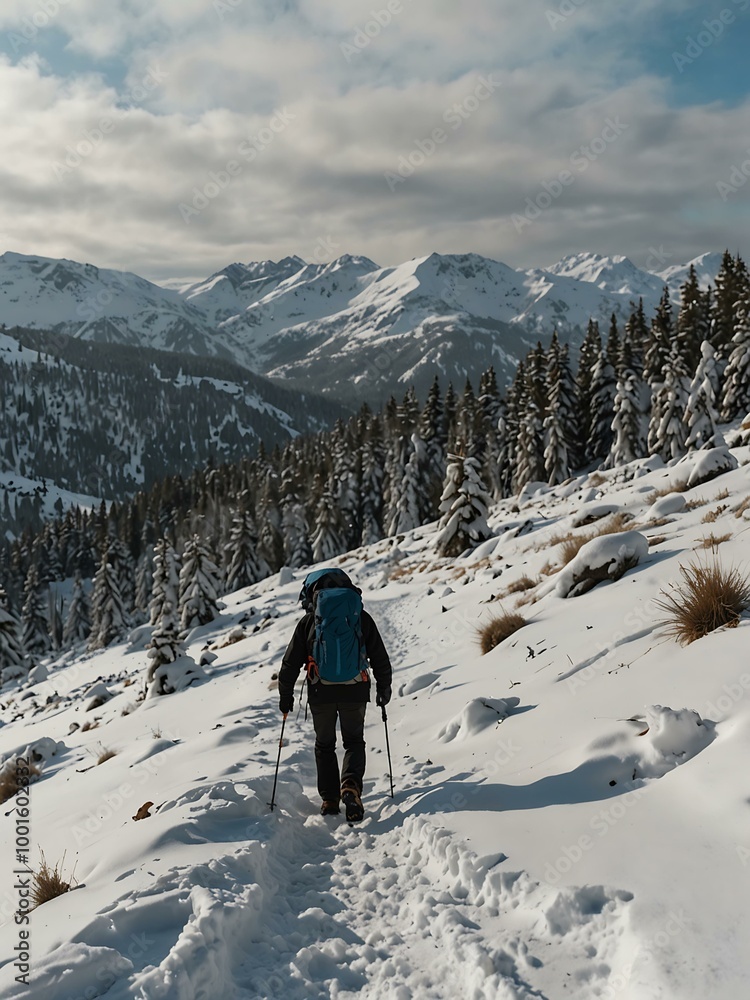 Hiking through snowy landscapes. Hiking through snowy landscapes.