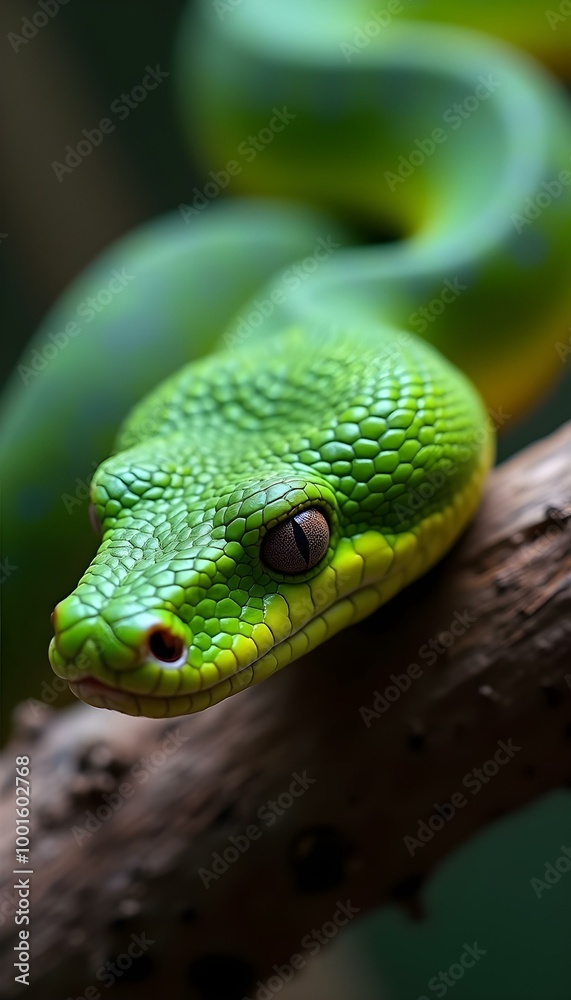 Coiled Green Python A Wild Snake Resting on a Branch in Nature Coiled Green Python A Wild Snake Resting on a Branch in Nature