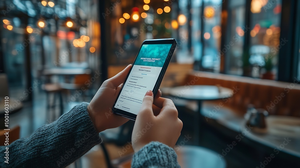 Hand holding smartphone with receive newsletter form screen on cafe background : Generative AI
