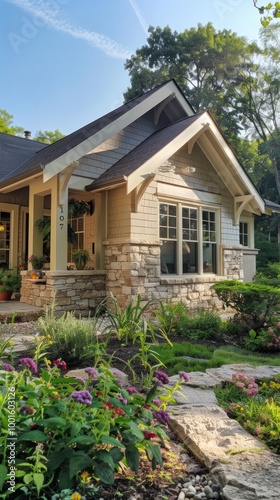 A cozy Craftsman house exterior in soft beige, highlighted by stone accents and a charming garden.