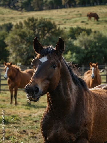 Horses roaming freely on a ranch.