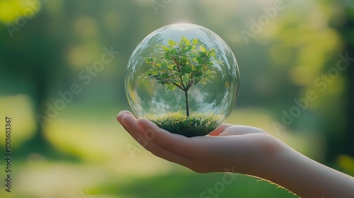 Global sustainable environment concept ESG net zero eco co2 carbon human hand holding green globe orb with growing tree save our planet world environment day earth day and climate cha : Generative AI