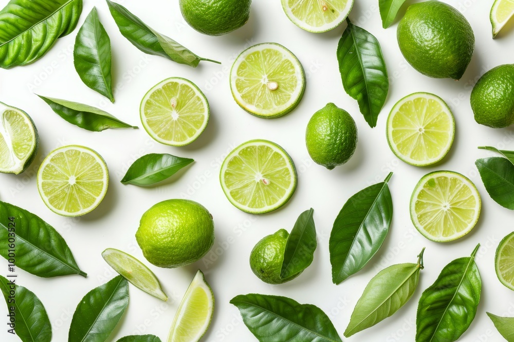 Vibrant lime slices adorned with fresh green leaves on a bright white background Vibrant lime slices adorned with fresh green leaves on a bright white background