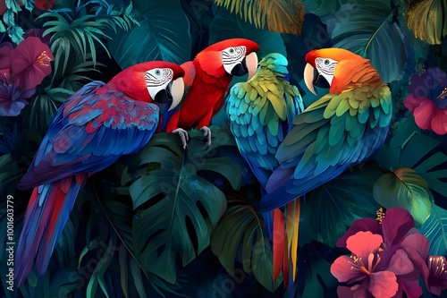 Vibrant Parrots Perched Jungle Canopy