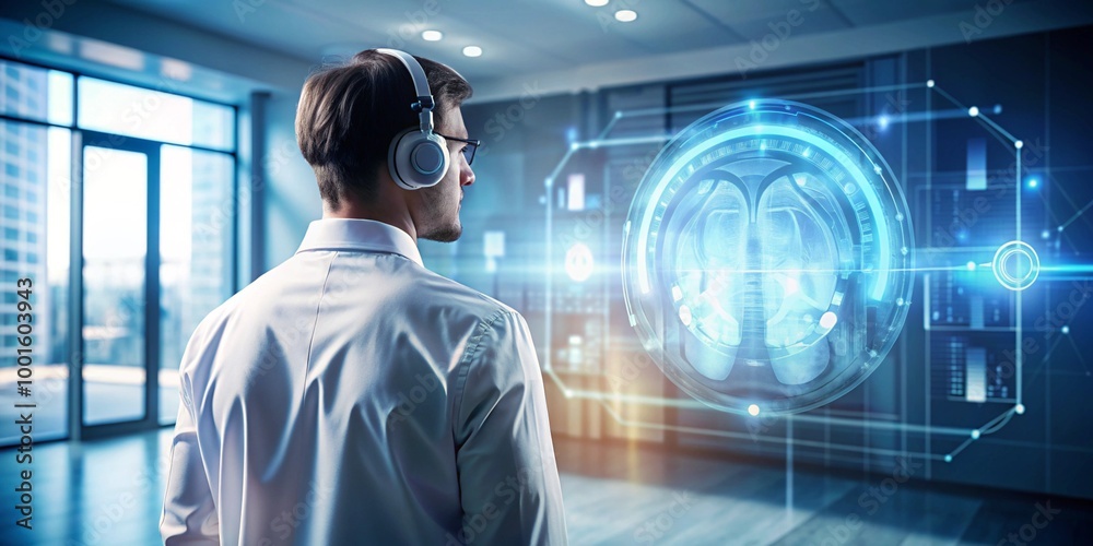 Vista trasera de un doctor con auriculares, mirando una pantalla holográfica digital. Tecnología futurista en clínica de salud, innovación en pantallas virtuales, investigación médica en hospitales. Vista trasera de un doctor con auriculares, mirando una pantalla holográfica digital. Tecnología futurista en clínica de salud, innovación en pantallas virtuales, investigación médica en hospitales.