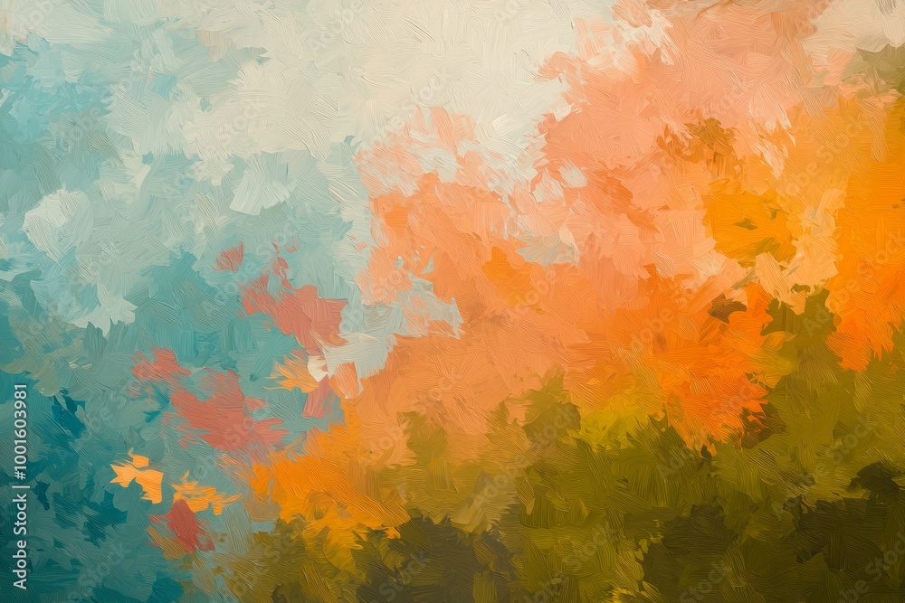 Obraz premium Colorful abstract background with brush strokes creating an artistic textured design in green, orange, gold, blue, and white colors