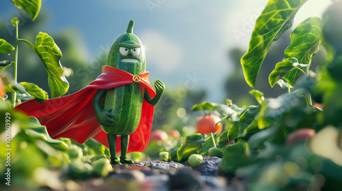 Wallpaper Mural Vegetable superhero. 3D illustration of cucumber or zucchini vegetable as a hero with super power. Concept: green superfood and vegetables for a healthy diet, restaurant and box diet design. Torontodigital.ca