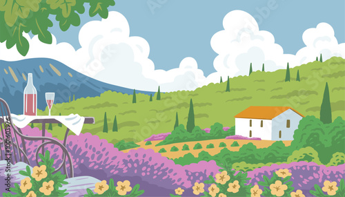 Beautiful summer landscape with the sea, flowers, a table with a bottle of wine and a glass. French resort Provence. House with a vineyard. Travel, vacation and relaxation. Vector art illustration