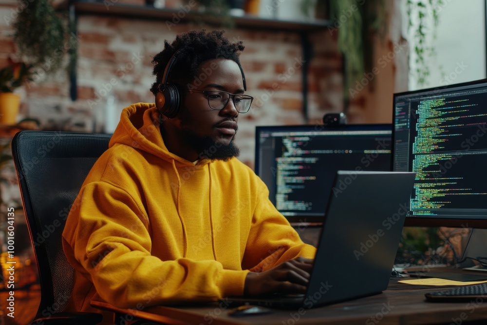 Portrait of african american developer using laptop to write code sitting at desk with multiple screens parsing algorithm in software agency. Coder working on user interface using portable computer. Portrait of african american developer using laptop to write code sitting at desk with multiple screens parsing algorithm in software agency. Coder working on user interface using portable computer.