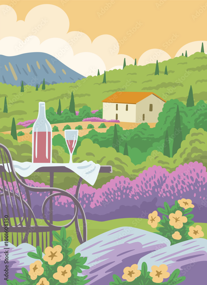 Naklejka premium Beautiful summer landscape with the sea, flowers, a table with a bottle of wine and a glass. House with a vineyard. French resort Provence. Travel, vacation and relaxation. Vector art illustration