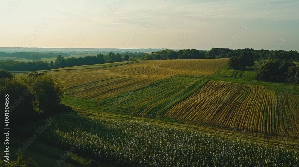 Aerial view of sprawling agricultural landscape with neatly arranged fields. Farmland Aerial view of sprawling agricultural landscape with neatly arranged fields. Farmland
