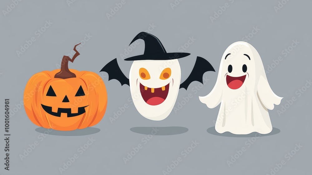 Festive halloween scene with a carved pumpkin, ghost with bat wings and witch hat, and a smiling ghost celebrating in a cartoon style with fun colors perfect for halloween designs Festive halloween scene with a carved pumpkin, ghost with bat wings and witch hat, and a smiling ghost celebrating in a cartoon style with fun colors perfect for halloween designs