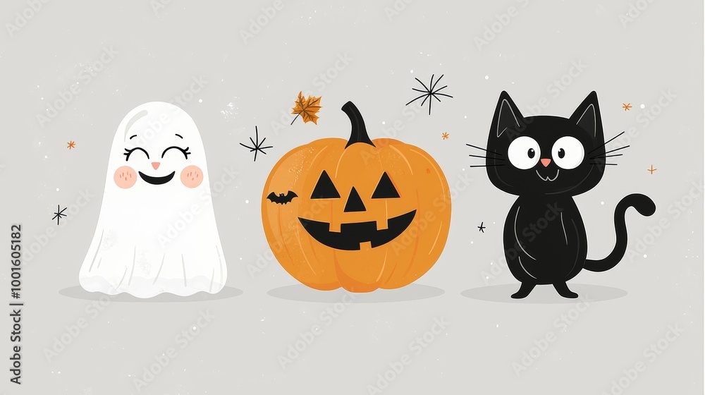 Smiling cartoon ghost, a carved pumpkin and a black cat are celebrating halloween. This funny illustration is perfect for spooky seasonal greeting cards Smiling cartoon ghost, a carved pumpkin and a black cat are celebrating halloween. This funny illustration is perfect for spooky seasonal greeting cards