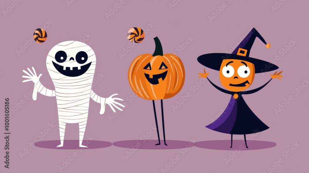 Mummy, a carved pumpkin, and a witch are posing and juggling candies, having fun at a halloween party. This colorful illustration is perfect for any halloween-themed project Mummy, a carved pumpkin, and a witch are posing and juggling candies, having fun at a halloween party. This colorful illustration is perfect for any halloween-themed project