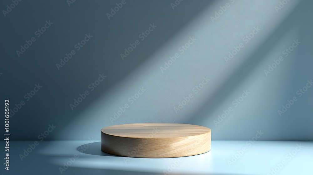 Cylinder shape wooden podium stand and deep shadow on blue wall background Background for product Front view Mockup : Generative AI Cylinder shape wooden podium stand and deep shadow on blue wall background Background for product Front view Mockup : Generative AI
