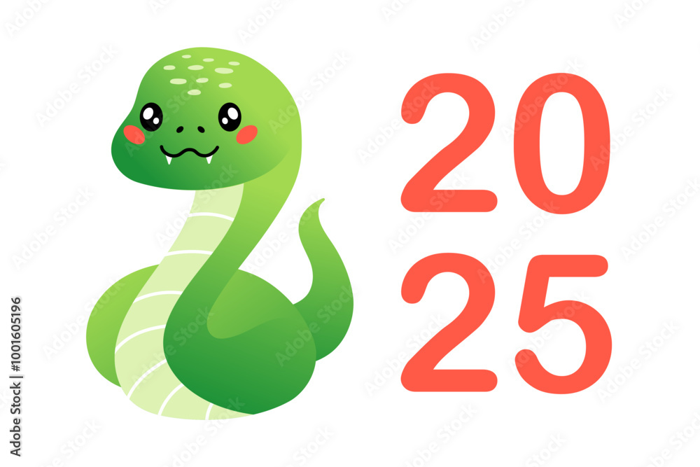 Happy Chinese New Year 2025. Year of the snake. Cartoon cute green snake in flat style isolated on white. Vector illustration for greeting card, sticker, background. Happy Chinese New Year 2025. Year of the snake. Cartoon cute green snake in flat style isolated on white. Vector illustration for greeting card, sticker, background.